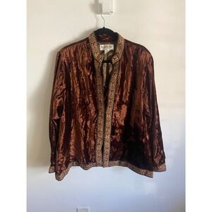 Brownstone Studio Vintage Velvet Jacket Brown Embroidered Trim Open Front XL